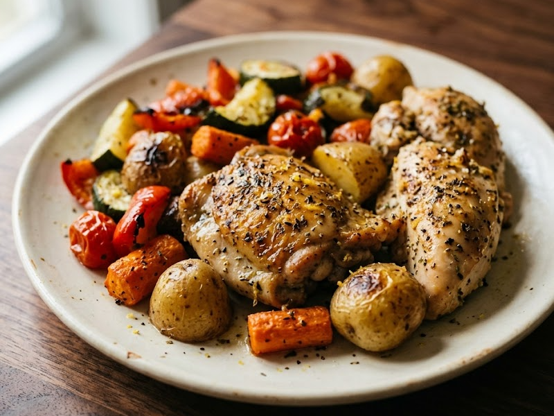 One-tray herbed chicken and roasted vegetables
