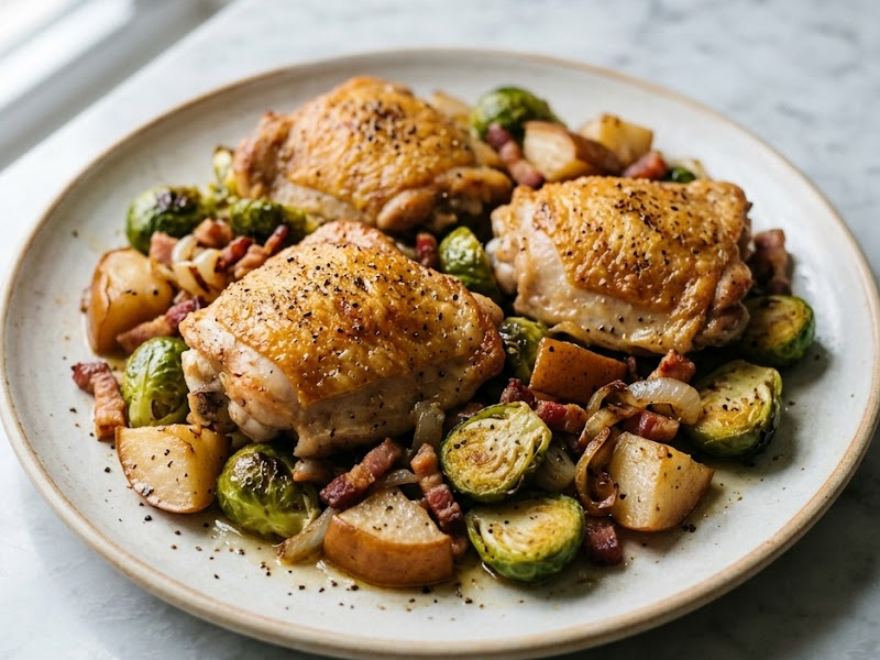Roasted Chicken Thighs With Brussels Sprouts and Pears