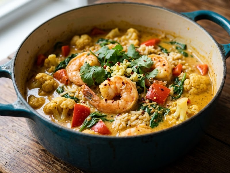 Coconut Shrimp Curry with Cauliflower, Red Pepper, and Spinach