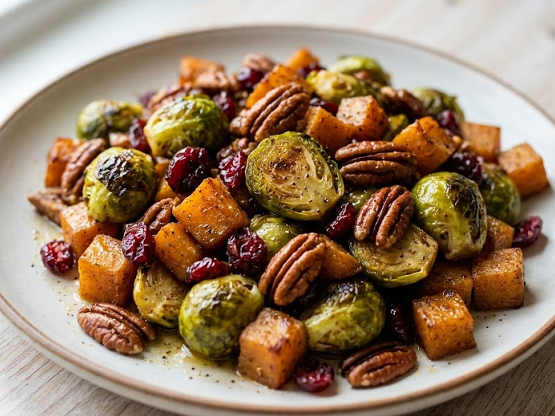 Roasted Brussels Sprouts and Cinnamon Butternut Squash with Pecans and Cranberries