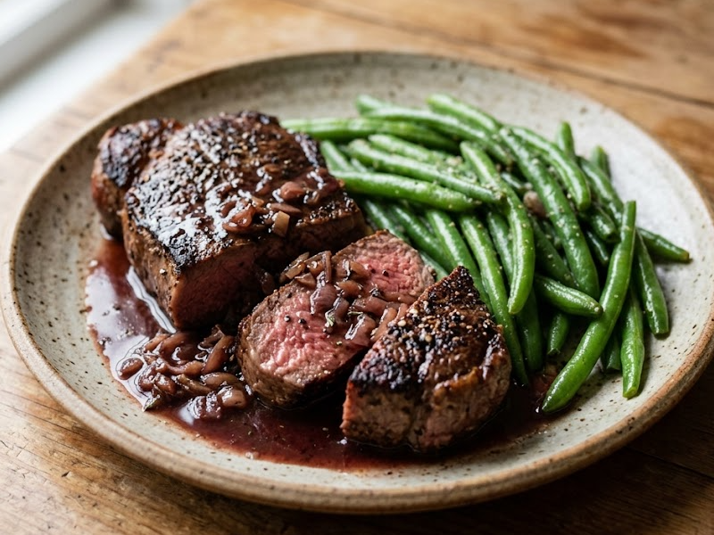 Red Wine Steaks with Green Beans