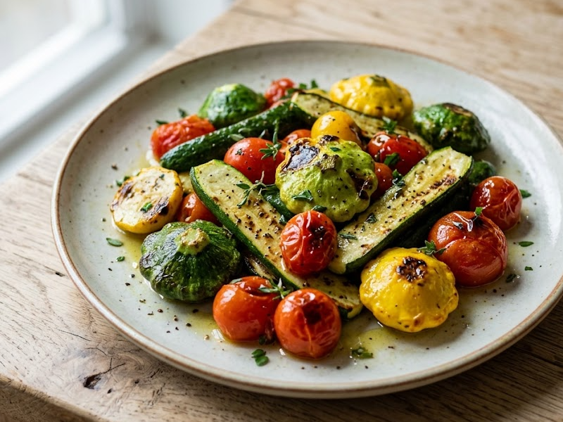 Blistered Baby Zucchini, Baby Pattypan Squash, and Grilled Tomatoes