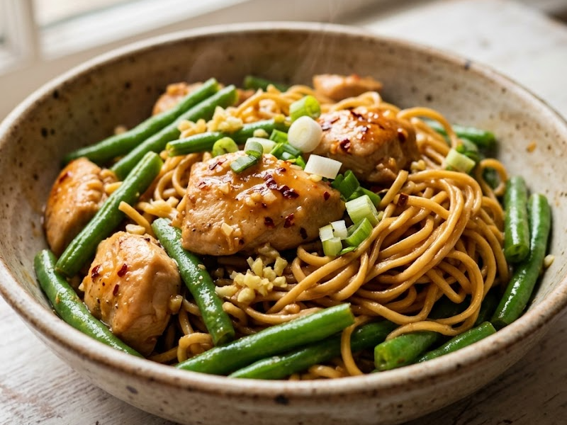 Sweet and sour chicken with noodles and vegetables