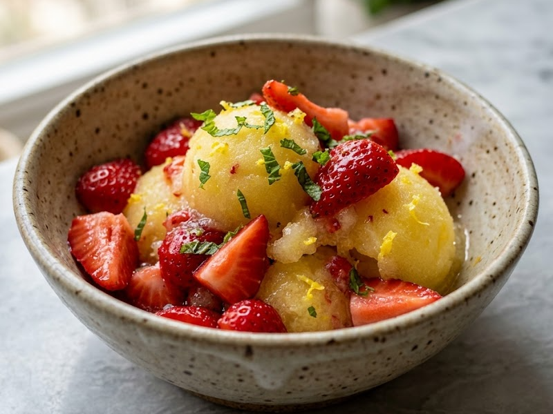 Tart Lemon Ice with Crushed Strawberries