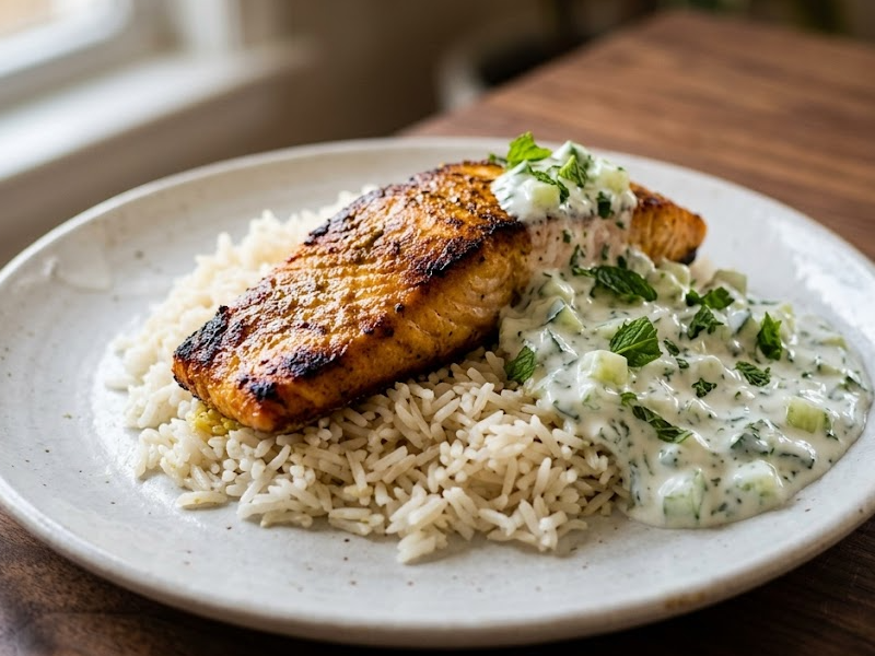 Curried Salmon and Mint Raita