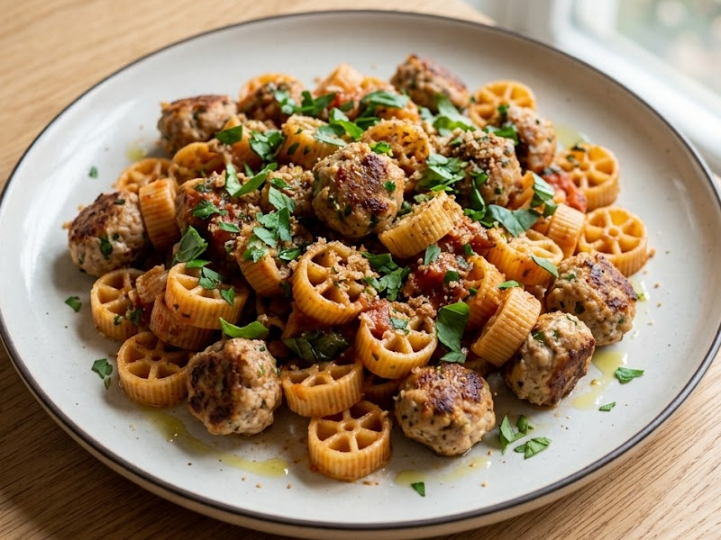 Mini Turkey Meatballs with Wagon Wheel Pasta