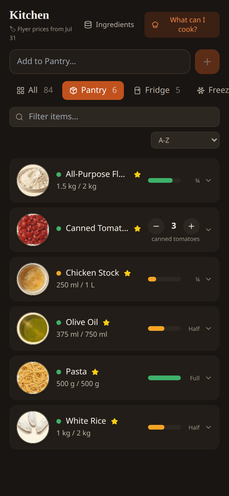 The Kitchen screen in Hearth on a phone, filtered to the pantry. Each item shows how much is left against the package it came in — flour 1.5 kg of 2 kg, chicken stock 250 ml of 1 L, olive oil 375 ml of 750 ml, pasta 500 g of 500 g, white rice 1 kg of 2 kg — with a coloured bar for each, plus three cans of tomatoes on a stepper.