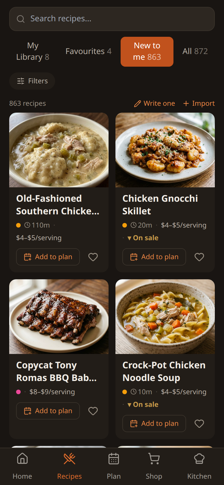 Browsing recipes in Hearth on a phone: a grid of recipe cards, each with a photo, cook time, cost per serving such as $4–$5, an "On sale" flag where the main ingredient is discounted, an "Add to plan" button and a heart to save it. Tabs across the top switch between My Library, Favourites, New to me and All.