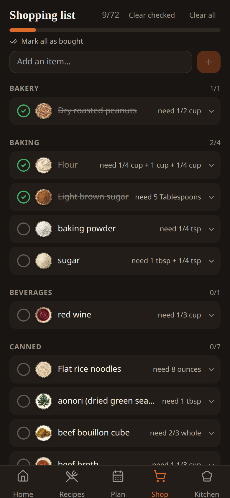 The shopping list, grouped by aisle